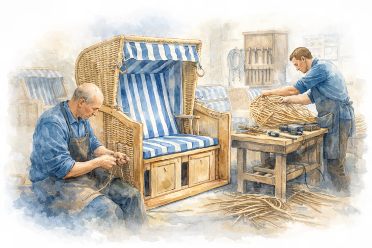 Handwerker bei der Herstellung von Strandkörben
